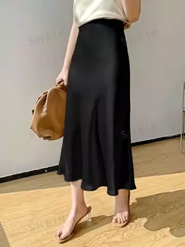 Kpop Юбка А-силуэта, завышенная талия, однотонная Dazy, черный