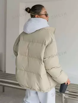 Kpop Пальто Нашивка с буквами с открытыми плечами Завязка на подоле Пуховик Толстый карман Dazy, абрикосовый