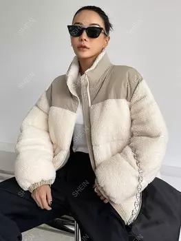 Kpop Пальто с цветными блоками, заниженная линия плеча, кулиска, подол, Тедди, пуховик с карманом Dazy, мультиколор