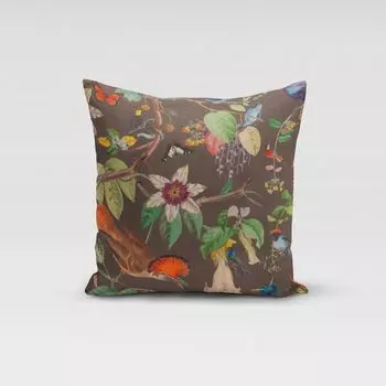 КРАСИВАЯ ЖИЗНЬ. Чехол на подушку бархатный, тропические птицы, растения, коричневый, разноцветный, размер 80х80см (ВхШ), размер 80х80см (ВхШ) Schner-Leben
