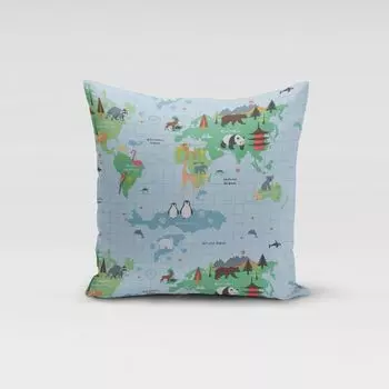 КРАСИВАЯ ЖИЗНЬ. Чехол на подушку Детская карта мира Fryett с животными голубой размер 80х80см (ВхШ) размер 80х80см (ВхШ) Schner-Leben
