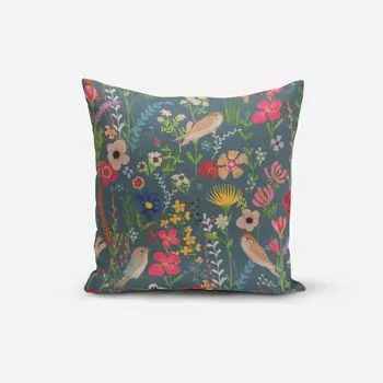 КРАСИВАЯ ЖИЗНЬ. Чехол на подушку для улицы, счастливый сад, цветы, птицы, синий, размер бу, размер 80x80 см (ВxШ), размер 80x80 см (ВxШ) Schner-Leben