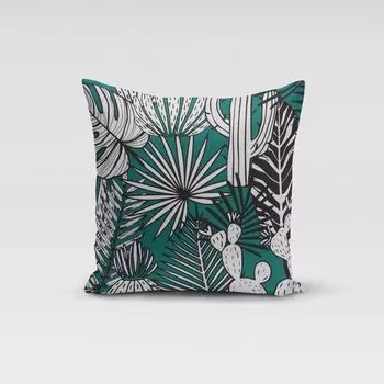 КРАСИВАЯ ЖИЗНЬ. Чехол на подушку с листьями кактуса, пальмы, зеленого, белого, черного цвета, размер 70x70 см (ВxШ), размер 70x70 см (ВxШ) Schner-Leben