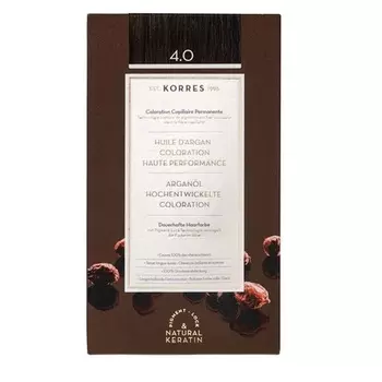Краска для волос с аргановым маслом, без аммиака, средне-коричневый 4,0, 100% покрытие седины и веганство для стойкого результата цвета., Korres