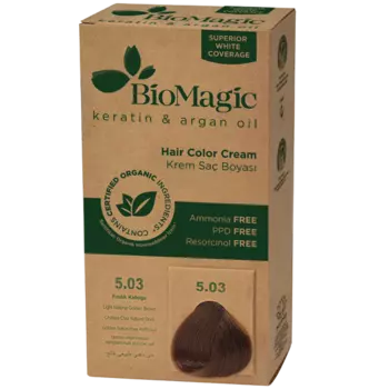 Краска для волос светло-золотисто-коричневый 5.03, 250 г Biomagic Keratin&Argan oil, цвет jasny zoty brz 5.03