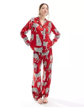 Красная атласная пижама Chelsea Peers с леопардовым принтом, состоящая из топа с длинными рукавами и лацканами и брюк