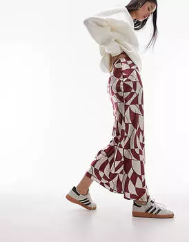 Красная атласная юбка макси с геопринтом Topshop