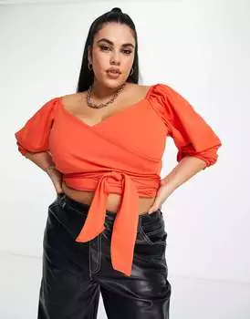 Красная блузка с объемными рукавами и открытыми плечами и завязкой ASOS DESIGN Curve