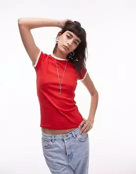 Красная длинная повседневная футболка с контрастным воротником Topshop