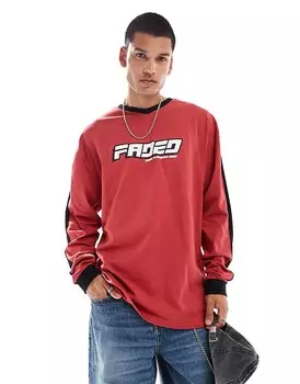 Красная футболка с длинными рукавами и выцветшим сублимационным принтом Basic Pleasure Mode