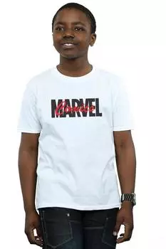 Красная футболка с логотипом и шрифтом Marvel, белый