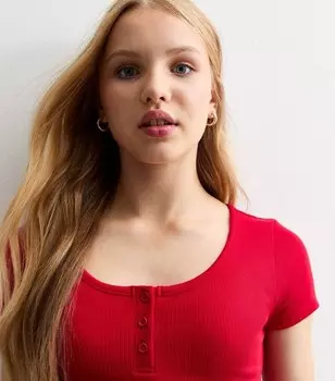 Красная футболка с пуговицами в рубчик для девочек New Look, красный