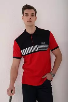 Красная мужская футболка из трикотажа с воротником поло и стандартным узором на груди с двойным цветным принтом на груди TOMMYLIFE
