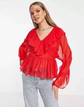 Красная прозрачная блузка с рюшами и оборками ASOS