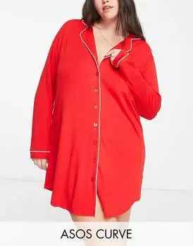 Красная рубашка для сна из вискозы с контрастной окантовкой ASOS DESIGN Curve