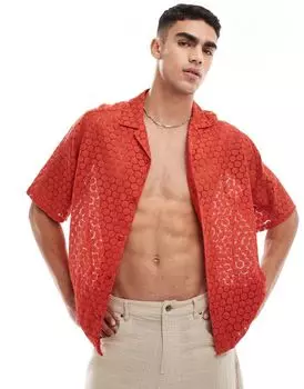 Красная рубашка свободного кроя с короткими рукавами и кружевом ASOS DESIGN