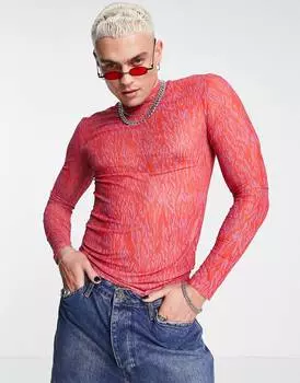 Красная сетчатая футболка с высоким воротником и длинными рукавами ASOS DESIGN - RED