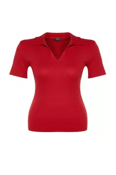 Красная трикотажная блузка с рубашечным воротником в рубчик Trendyol, красный