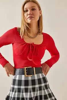 Красная укороченная блузка на шнуровке с U-образным вырезом 4KXK2-47775-04 XHAN