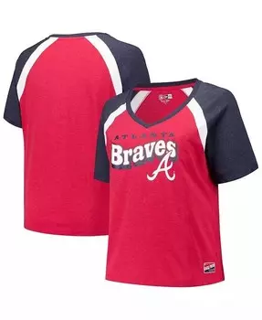 Красная женская футболка Atlanta Braves размера плюс с v-образным вырезом реглан New Era, красный