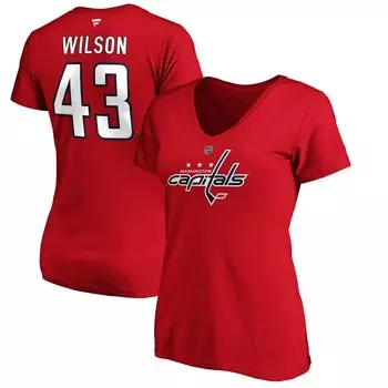 Красная женская футболка Fanatics с логотипом Tom Wilson и V-образным вырезом Washington Capitals с аутентичным названием и номером Stack Fanatics