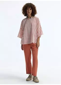 Красная женская рубашка свободного покроя в полоску с круглым вырезом 24YKGM6201X Yargc, красный