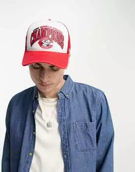 Красно-белая кепка дальнобойщика 47 Brand MLB Cinncinati Reds с чемпионским принтом