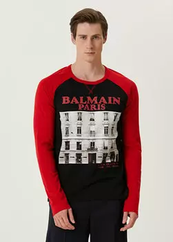 Красно-черная футболка из органического хлопка с принтом Balmain