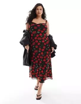 Красно-черное платье миди с вырезом под грудь ASOS DESIGN Curve