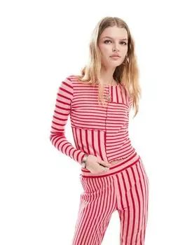 Красно-розовый топ в полоску с длинными рукавами Neon Rose