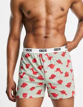 Красно-зеленые боксеры с принтом динозавров ASOS DESIGN