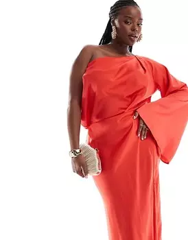 Красное атласное асимметричное платье макси с открытыми плечами ASOS DESIGN Curve