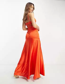 Красное атласное платье макси со сборками и корсетом ASOS DESIGN
