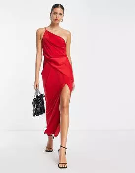 Красное атласное платье миди на одно плечо с разрезом на бретельках ASOS DESIGN