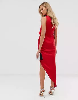 Красное атласное платье миди с драпировкой на одно плечо ASOS DESIGN