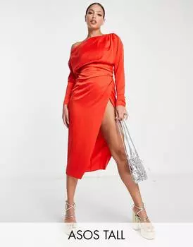 Красное атласное платье миди с открытыми плечами и лифом с вытачками ASOS DESIGN Tall