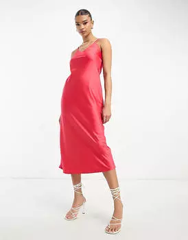Красное атласное платье миди с воротником-хомутом и крестом на спине River Island