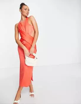 Красное атласное платье миди с завязками на шее ASOS DESIGN