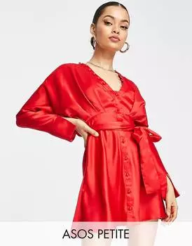 Красное атласное платье мини с пуговицами и завязками спереди ASOS DESIGN Petite