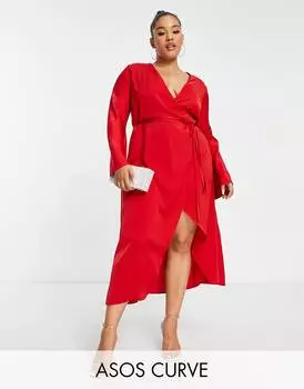 Красное атласное платье с завязками на талии и косым вырезом ASOS DESIGN Curve
