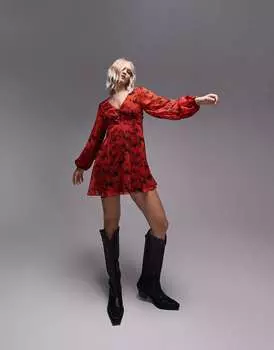 Красное чайное платье Topshop с цифровым фотографическим принтом и цветочным принтом