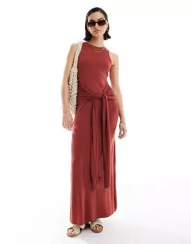 Красное длинное платье с завязкой спереди и драпировкой ASOS DESIGN