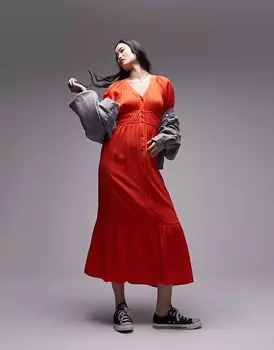 Красное фактурное платье миди Topshop