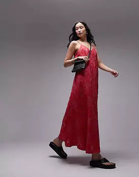 Красное и розовое кружевное платье макси Topshop