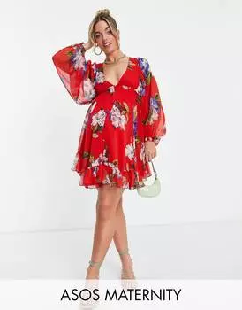 Красное мини-платье с цветочным принтом ASOS DESIGN Maternity Maternity