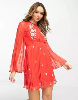 Красное мини-платье с завязками на спине и плиссированными рукавами ASOS DESIGN с розовой вышивкой