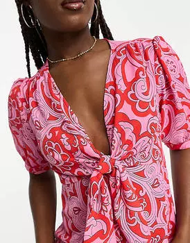 Красное мини-платье с завязкой спереди на пуговицах ASOS DESIGN