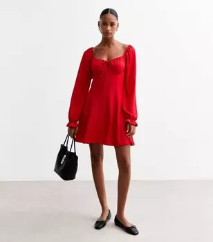 Красное мини-платье с жатым длинным рукавом и квадратным вырезом New Look, красный