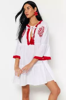 Красное мини-пляжное платье из 100 % хлопка с вышивкой TBESS21EL1351 Trendyol, бирюзовый
