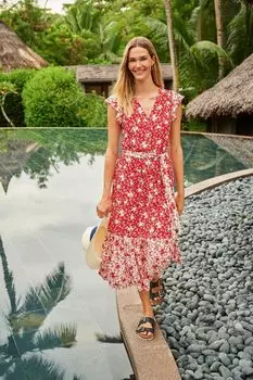 Красное многослойное платье с цветочным узором Crew Clothing Company, красный